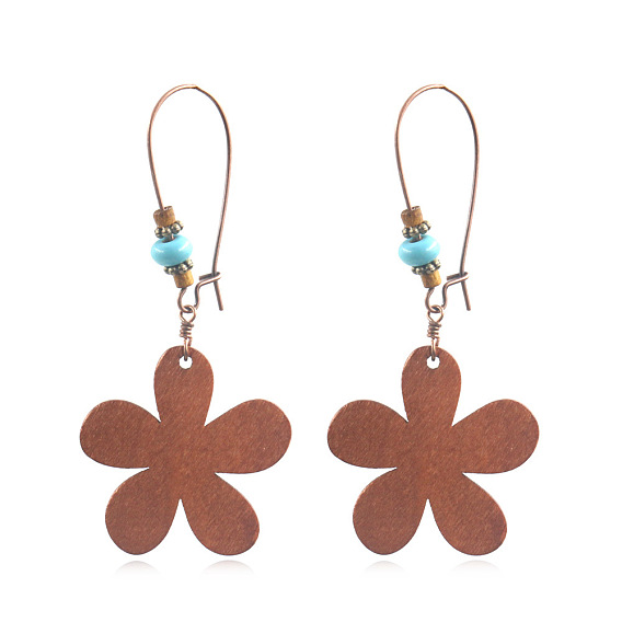 Wood Dangle Earrings, with Alloy Findings, Flower