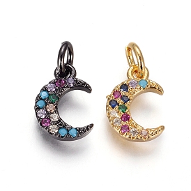 Brass Charms, with Micro Pave Cubic Zirconia and Jump Rings, Moon