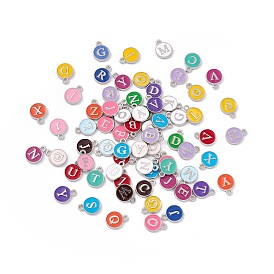 Alloy Enamel Charms, Flat Round with Random Letter