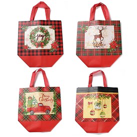 Christmas Theme Tartan Non-woven Fabric Gift Tote Bags with Handle, Rectangle, Red