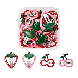 24Pcs 4 Style Iron Snap Hair Clips, with Enamel, for Children's Day, Cherry & Strawberry