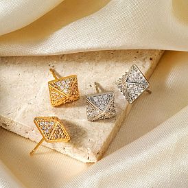 Shiny Delicate Stud Earrings with Vintage Pyramid Design and Full Rhinestones