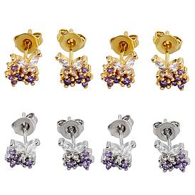 4 пары 2 серьги-гвоздики из цветной латуни с микропаве из кубического циркония, бабочка