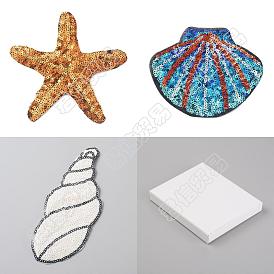 6Pcs 3 Style Beach Theme Glitter Cloth Patches, Iron on/Sew On Sequin Applique, for Sewing Craft Decoration, Starfish & Shell & Conch Shape