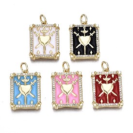 Brass Micro Pave Clear Cubic Zirconia Pendants, with Enamel and Jump Rings, Cadmium Free & Nickel Free & Lead Free, Real 16K Gold Plated, Rectangle with Heart & Sword