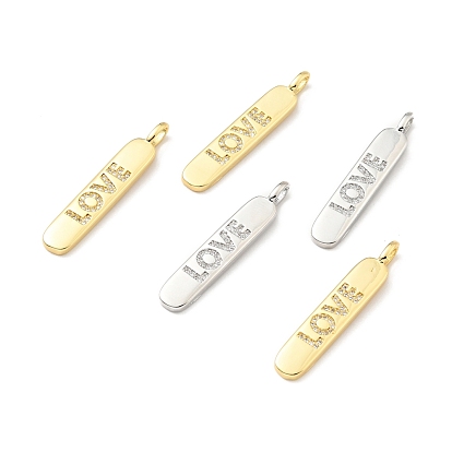 Brass Micro Pave Clear Cubic Zirconia Pendants, Cadmium Free & Lead Free, Oval with Word Love