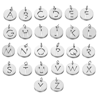26Stk. 304 Edelstahl Charms, mit Sprungring, flach rund mit Brief, Edelstahl Farbe