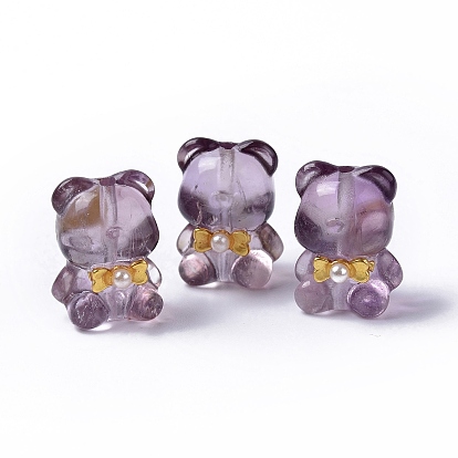 Natural Amethyst Bear Beads, with Rack Plating Golden Tone Brass Bowknot