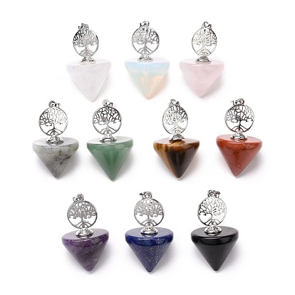 Natural & Synthetic Gemstone Pendants, with Platinum Tone Brass Findings, Cadmium Free & Lead Free, Cone