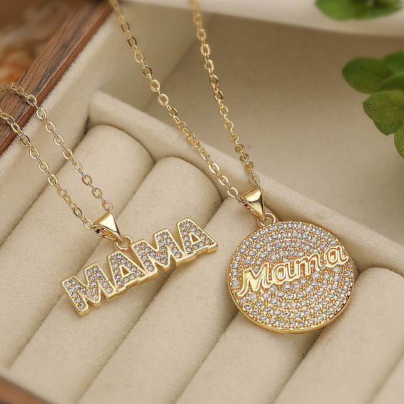 Подвеска-колье «Мама» из латуни с микропаве и прозрачными кубическими циркониями в стиле Дня матери., с 304 цепями из нержавеющей стали, золотые
