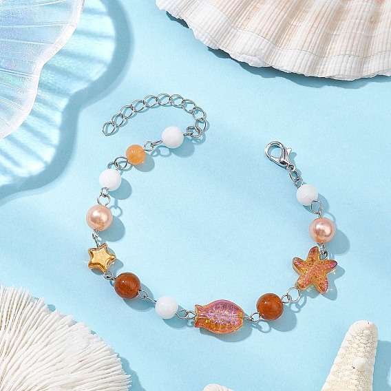 304 из нержавеющей стали ссылка браслеты, с лампворком, стеклом, натуральным малайзийским нефритом и акриловыми бусинами, морская звезда и звезда и рыба и круг