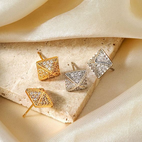Shiny Delicate Stud Earrings with Vintage Pyramid Design and Full Rhinestones