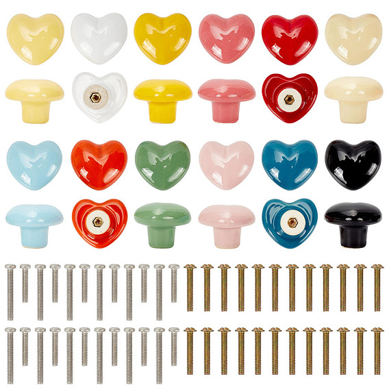 24 piezas 12 colores tiradores de cajones de porcelana con forma de corazón, con 24piezas de tornillos de latón y 24piezas de 2estilos 304 tornillos de acero inoxidable