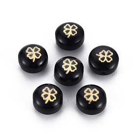 Handmade Lampwork Beads, with Golden Plated Brass Etched Metal Embellishments, Flat Round with Clover
