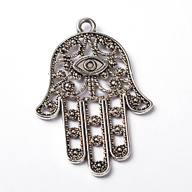 Hamsa Hand/Hand of Fatima/Hand of Miriam with Eye Tibetan Style Alloy Pendants, 33x23x2mm, Hole: 2mm