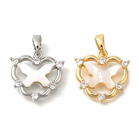 Brass Micro Pave Cubic Zirconia and Shell Pendants, Butterfly Charms, with Jump Ring