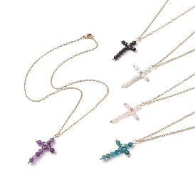 Natural Mixed Gemstone Beaded Cross Pendant Necklace, Golden 304 Stainless Steel Jewelry for Women