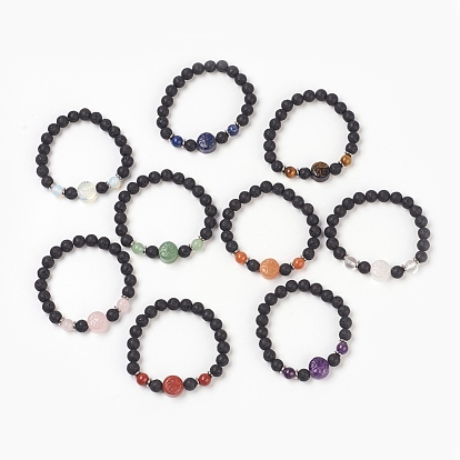 Dyed Natural Lava Rock Stretch Bracelets, with Gemstone Beads and Brass Bead Spacer, Flat Round with Tree of Life