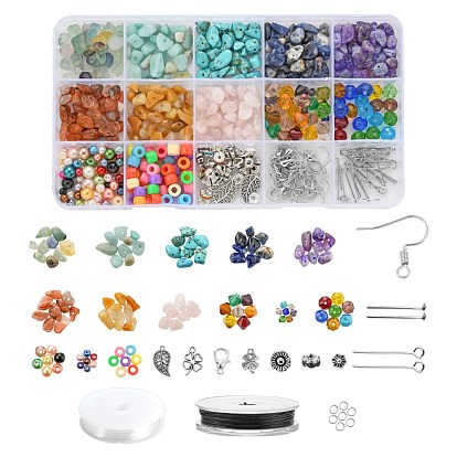 DIY Jewelry Set Making Kits, with Natural & Synthetic Mixed Stone Chip Beads, Glass & Plastic & Acrylic Rhinestone Beads, Alloy Pendants, 304 Stainless Steel & Zinc Alloy & Iron Findings, Thread