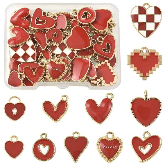 44Pcs 11 Styles Alloy Enamel Pendants, Heart, for Valentine's Day, Light Gold