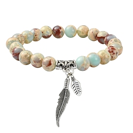Synthetic Imperial Jasper Round Beaded Stretch Bracelets, with Alloy Feather Charms