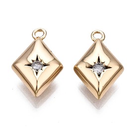 Brass Micro Pave Clear Cubic Zirconia Charms, Rhombus with Star