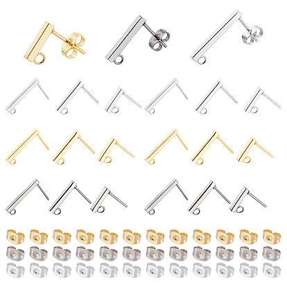 Rectangle 36Pcs 9 Style 304 Stainless Steel Stud Earring Findings with Loop, with 32Pcs 304 Stainless Steel Ear Nuts & 16Pcs Iron Ear Nuts