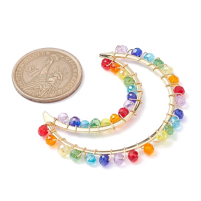 Colorful Glass Beaded Big Pendants, with Brass Finding, Crescent Moon Charms
