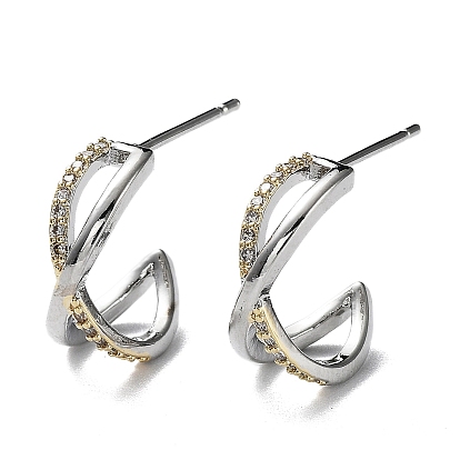 Two Tone Brass Micro Pave Clear Cubic Zirconia Criss Cross Stud Earrings, Half Hoop Earrings, Long-Lasting Plated
