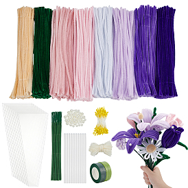 DIY Plush Sticks Set, Pipe Cleaner, Polyester Chenille Stems, Iron Stalk Flower Rod, with Plastic Finding, for Artificial Flower Bouquet Support