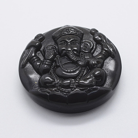 Carved Natural Obsidian Pendants, Flat Round with Hindu Elephant God Lord Ganesh Statue