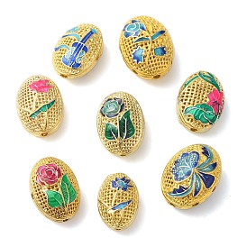 Rack Plating Brass Enamel Beads, Cadmium Free & Lead Free, Oval with Flower, Real 18K Gold Plated, Long-Lasting Plated