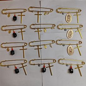 12Pcs 4 Style Cross & Virgin Mary Alloy & Resin Cube & Acrylic Pearl Charms Safety Pin Brooch, Iron Lapel Pins for Women