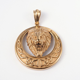 316 большие подвески из хирургической нержавеющей стали, плоские круглые со львом, 56x50x21 мм, отверстие : 7x12 мм