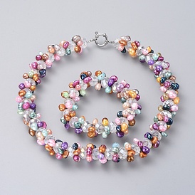 Stretch Bracelets and Necklaces Jewelry Sets, with Natural Freshwater Pearl Beads and Electroplate Glass Beads