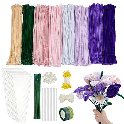 DIY Plush Sticks Set, Pipe Cleaner, Polyester Chenille Stems, Iron Stalk Flower Rod, with Plastic Finding, for Artificial Flower Bouquet Support