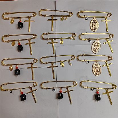 12Pcs 4 Style Cross & Virgin Mary Alloy & Resin Cube & Acrylic Pearl Charms Safety Pin Brooch, Iron Lapel Pins for Women