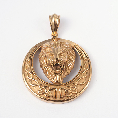 316 большие подвески из хирургической нержавеющей стали, плоские круглые со львом, 56x50x21 мм, отверстие : 7x12 мм
