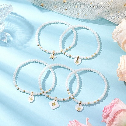 5шт 5 стили браслеты с подвесками из натуральной пресноводной ракушки и металлической звездочки, круглые бусины toho и гальванизированные стеклянные граненые бусины, растягивающиеся браслеты, золотые, разнообразные