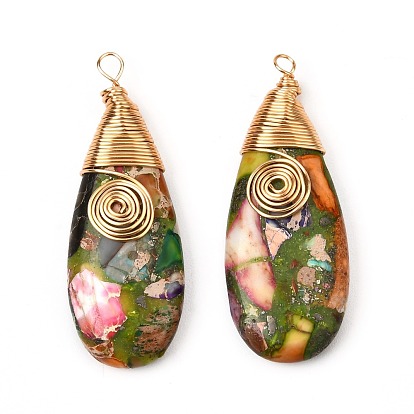 Natural Imperial Jasper Pendants, with Real 18K Gold Plated Brass Findings, Teardrop