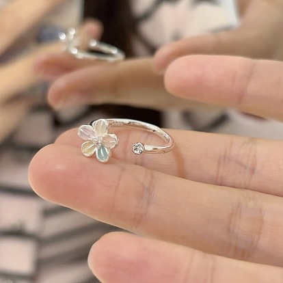 Anillos abiertos de aleación esmaltada para mujer, flor, plata