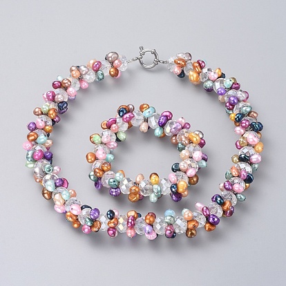 Stretch Bracelets and Necklaces Jewelry Sets, with Natural Freshwater Pearl Beads and Electroplate Glass Beads