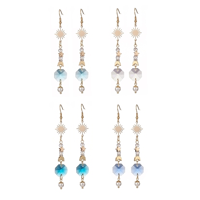Glass Dangle Earrings with Shell Beads, 304 Stainless Steel Jewelry for Women