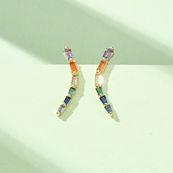 Brass Pave Cubic Zirconia Stud Crawler Earrings, Rectangle, Real 18K Gold Plated, Cadmium Free & Lead Free, Long-Lasting Plated, Rack Plating