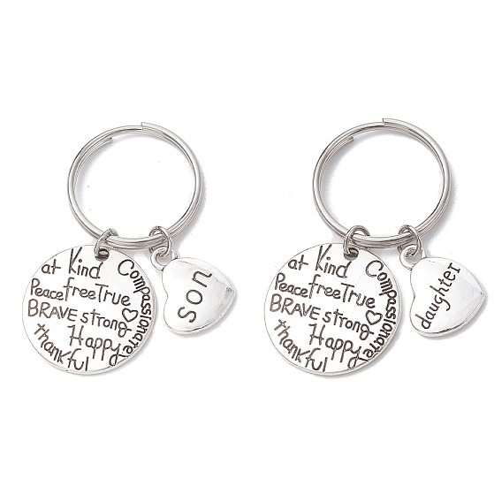 2Pcs Alloy Keychain, Flat Round and Heart, for Sons and Daughters