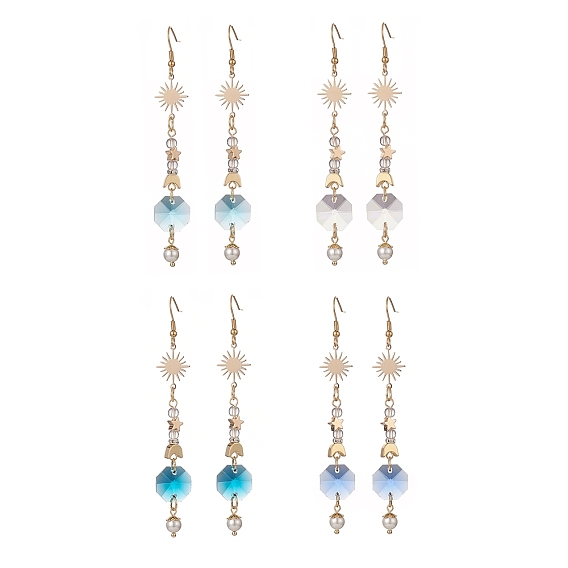 Glass Dangle Earrings with Shell Beads, 304 Stainless Steel Jewelry for Women