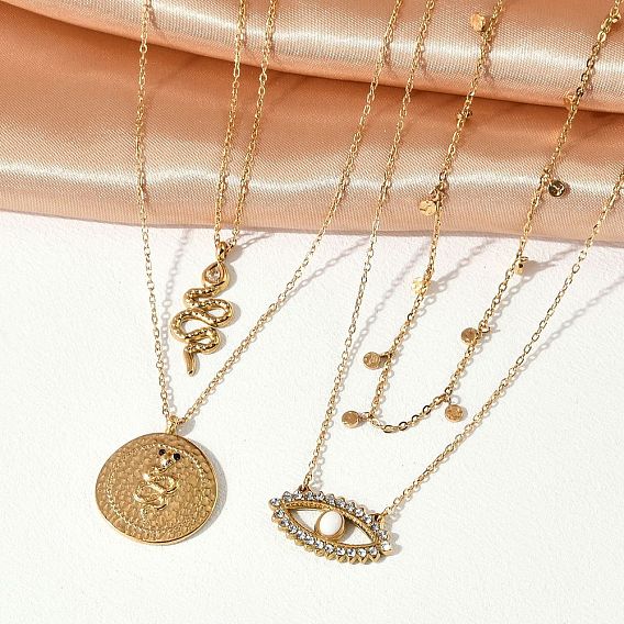 304 двухслойные ожерелья из нержавеющей стали, кубический цирконий злой глаз змея кулон ожерелья для женщин, реальный 18 k позолоченный