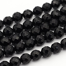Natural Black Onyx Beads Strands, Faceted(64 Facets) Round, Dyed & Heated