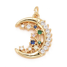 Eco-Friendly Brass Micro Pave Cubic Zirconia Pendants, with Jump Ring, Long-Lasting Plated, Lead Free & Cadmium Free, Moon
