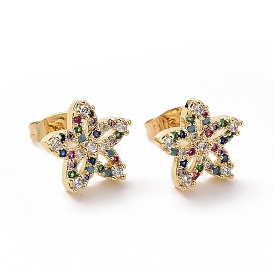 Colorful Cubic Zirconia Star Stud Earrings, Brass Jewelry for Women